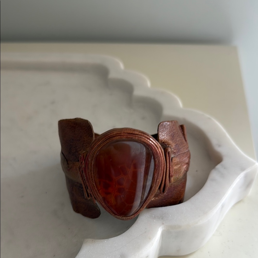 Brown Leather Cuff Bracelet with Red Stone